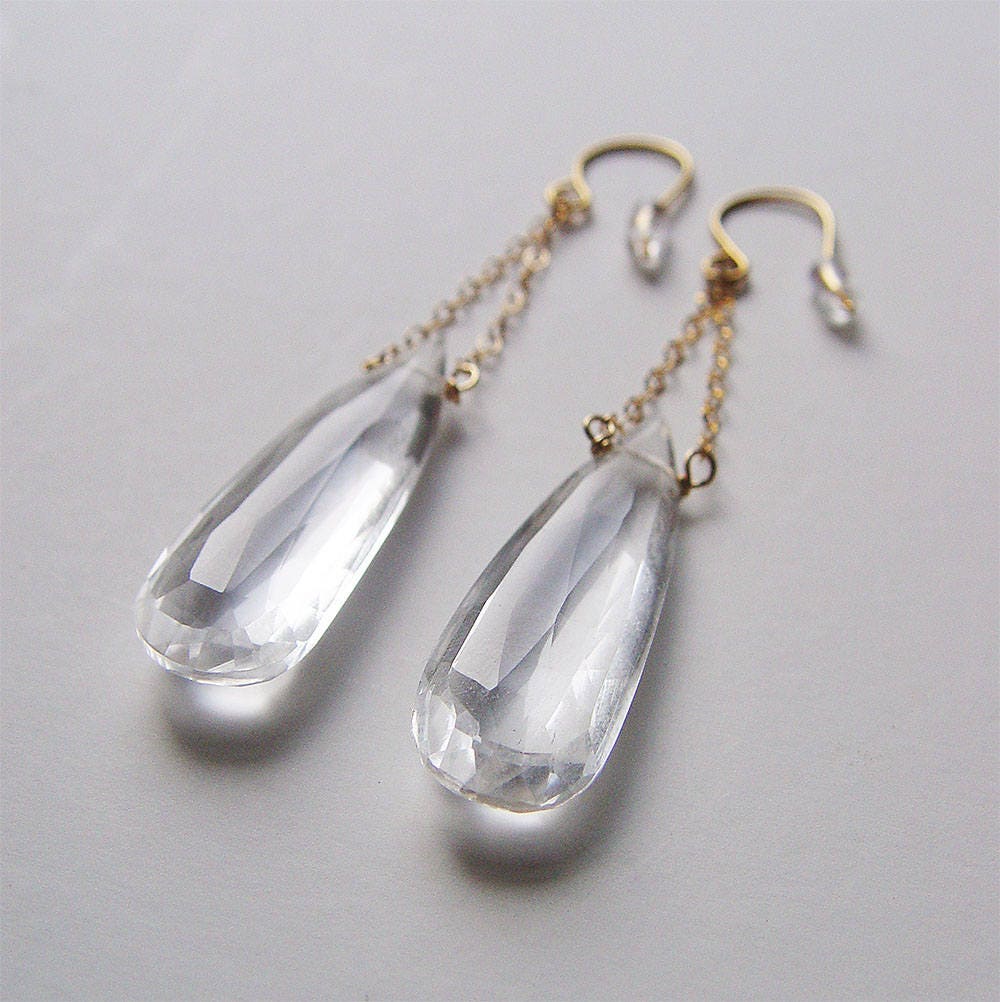 Clear Quartz Crystal Gold Chain Earrings