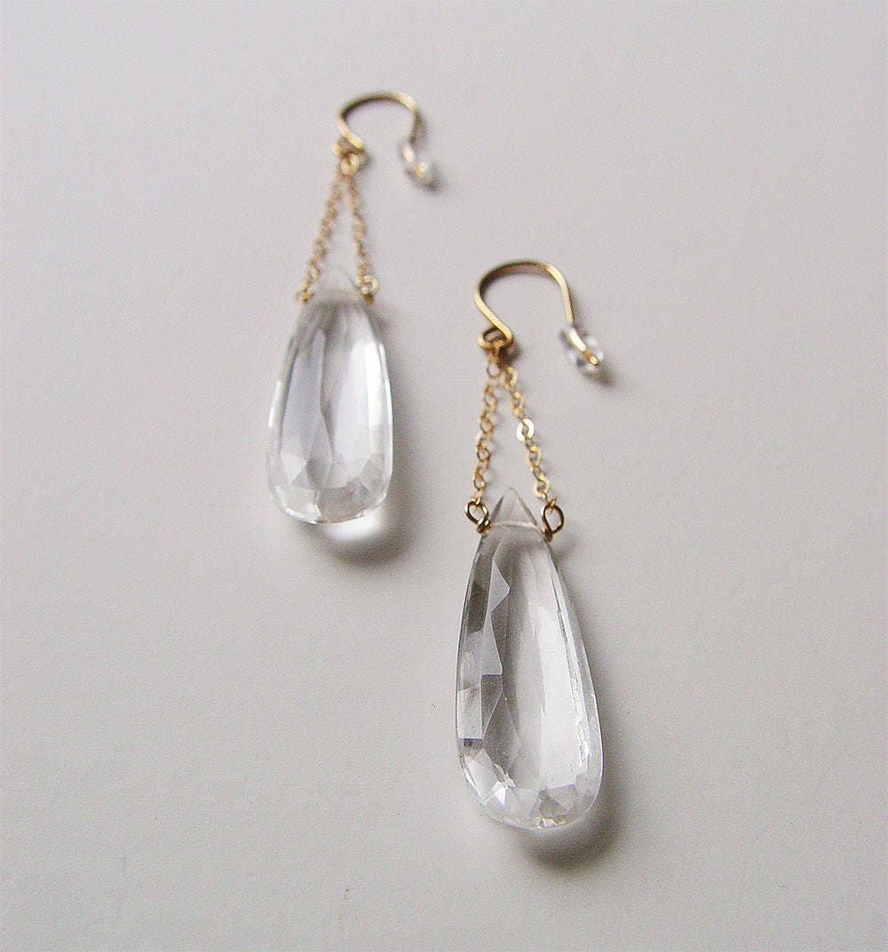 Clear Quartz Crystal Gold Chain Earrings