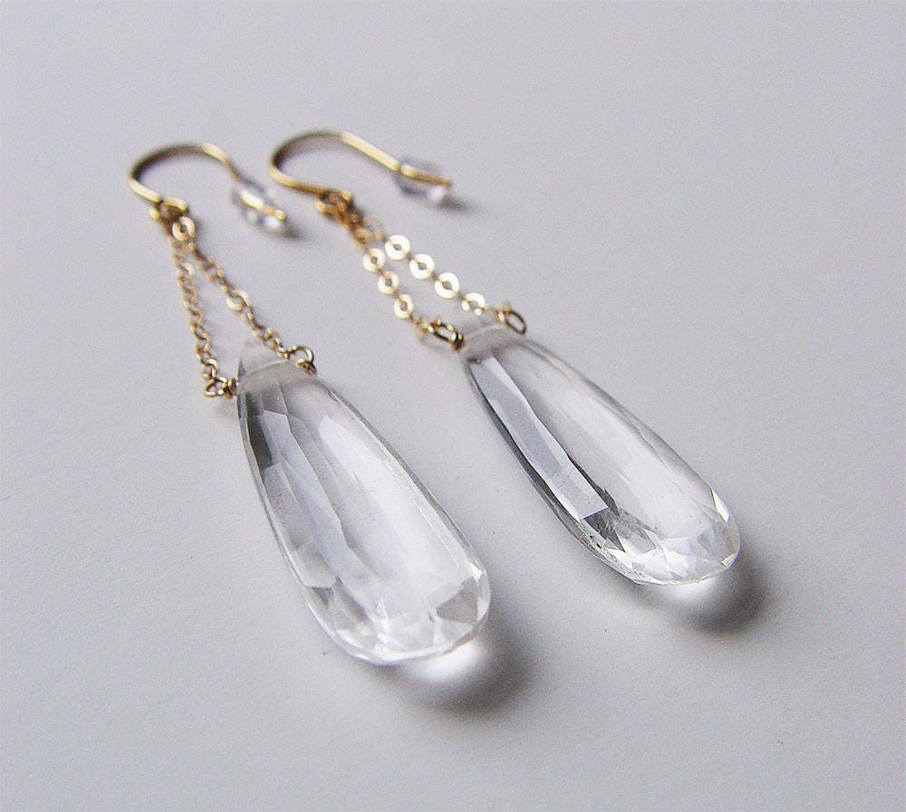 Clear Quartz Crystal Gold Chain Earrings