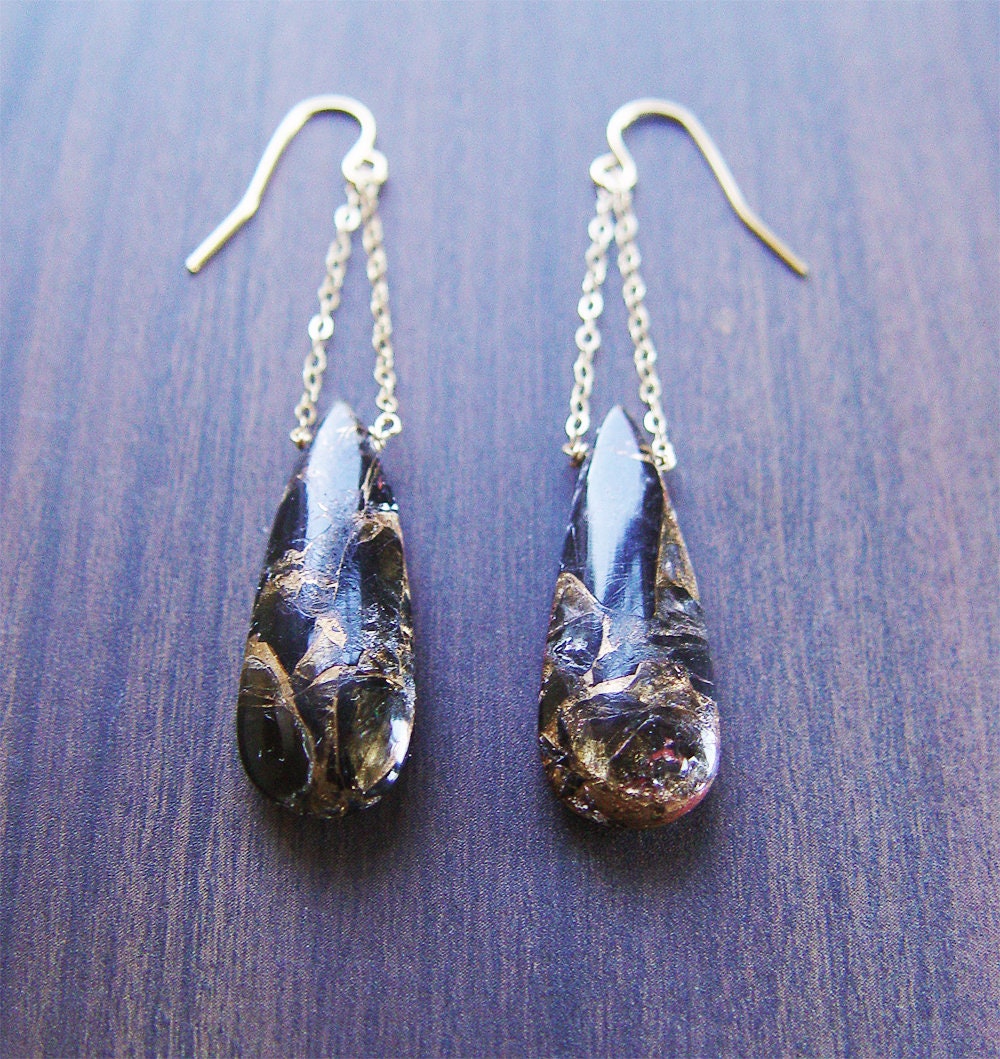 Obsidian Gold Chain Drop Earrings
