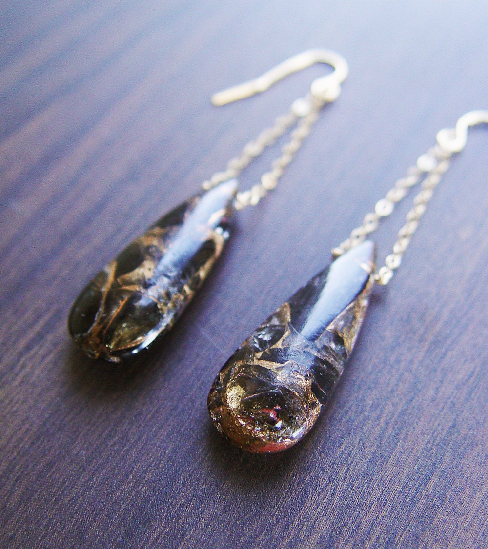Obsidian Gold Chain Drop Earrings