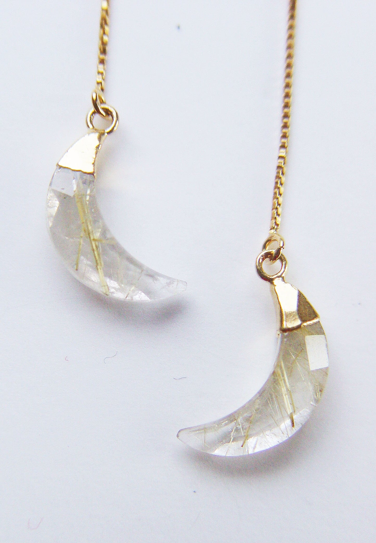 Rutilated Quartz Crescent Moon Gold Earrings