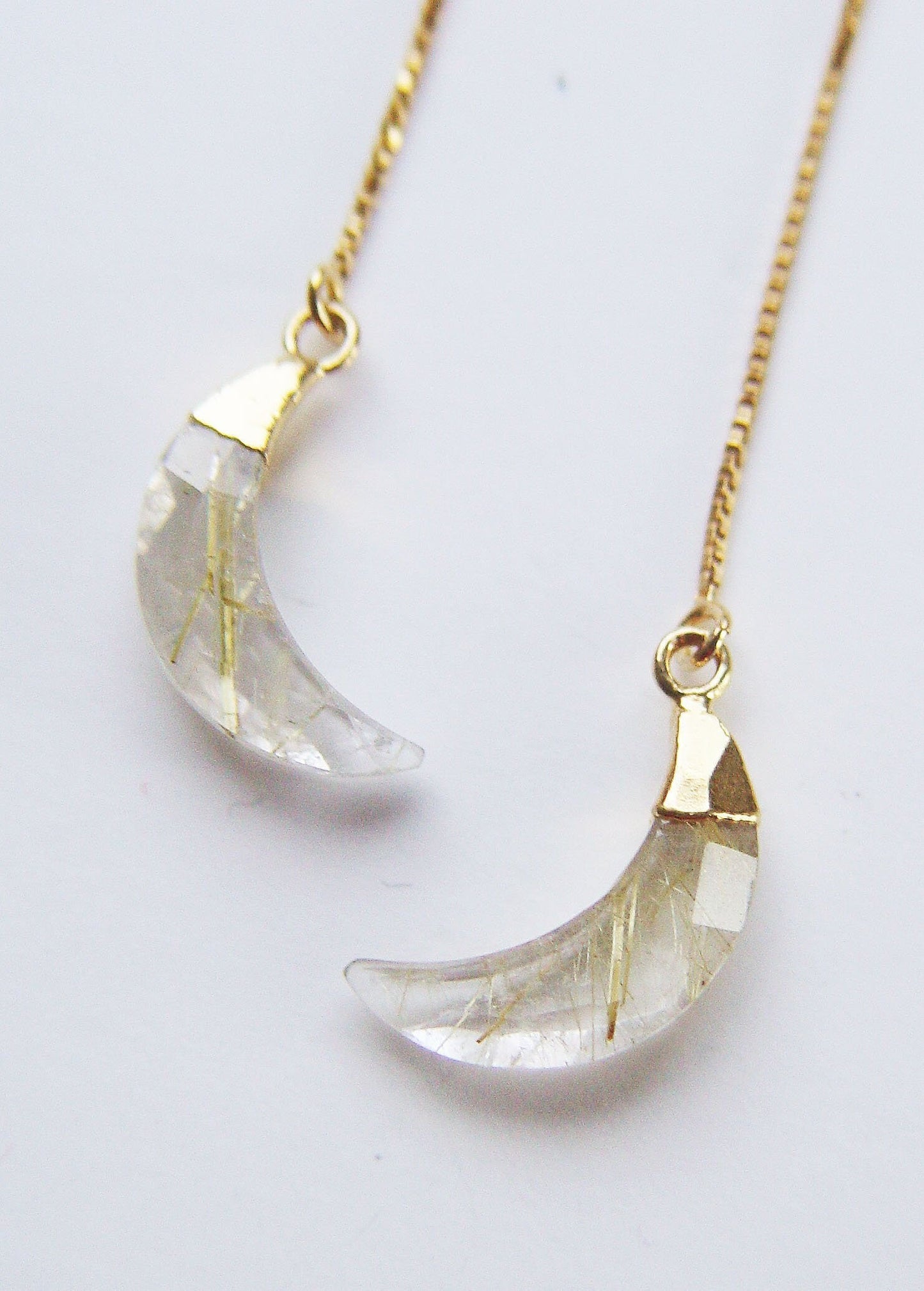 Rutilated Quartz Crescent Moon Gold Earrings