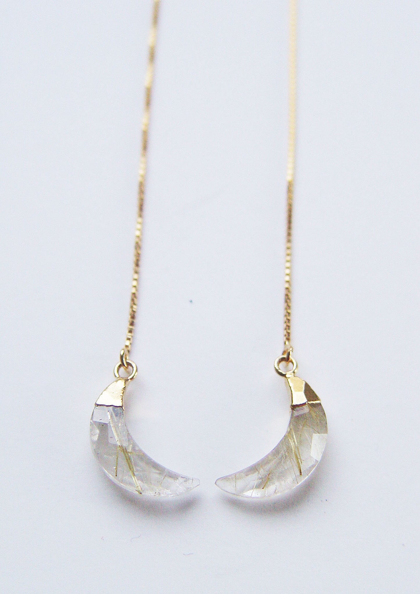Rutilated Quartz Crescent Moon Gold Earrings