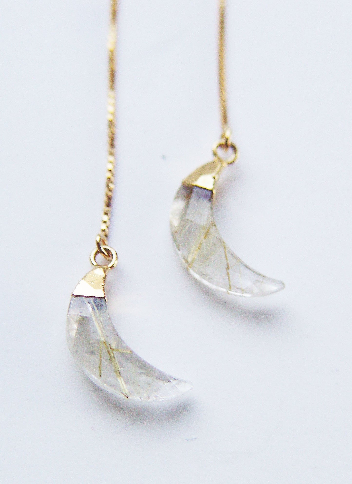 Rutilated Quartz Crescent Moon Gold Earrings