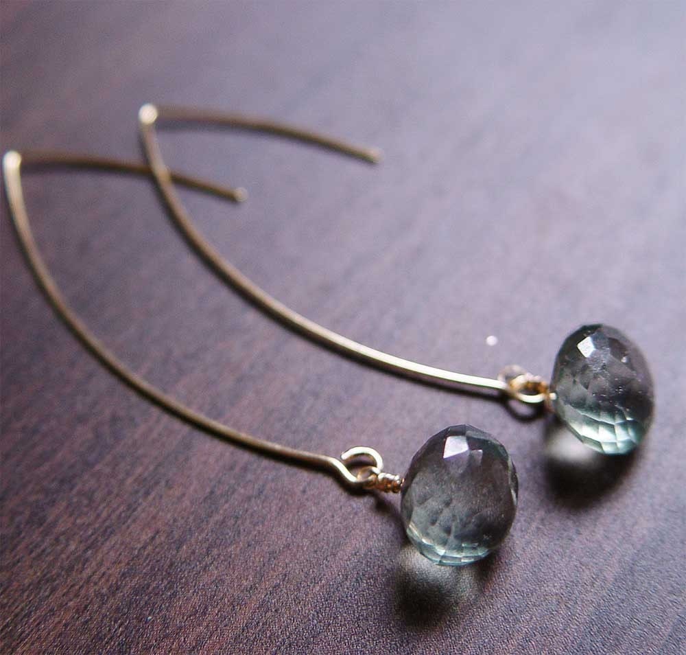 Teal Aquamarine 14k Gold Drop Earrings