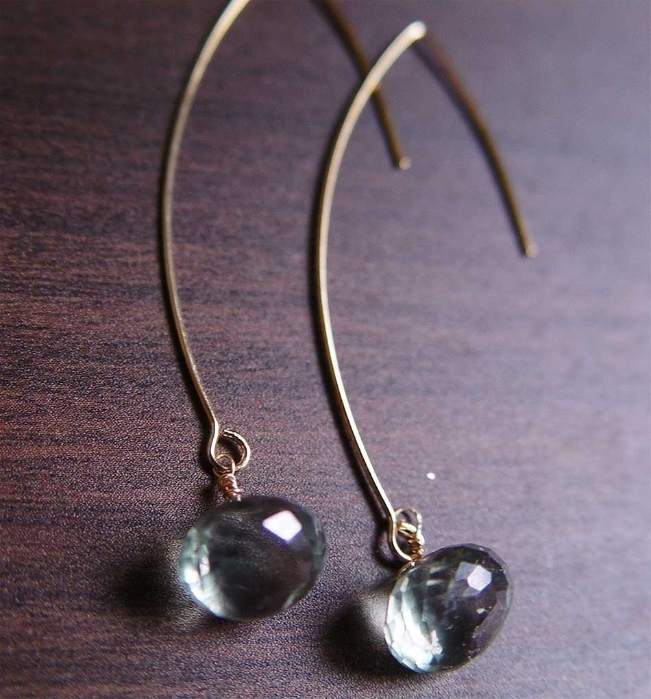 Teal Aquamarine 14k Gold Drop Earrings