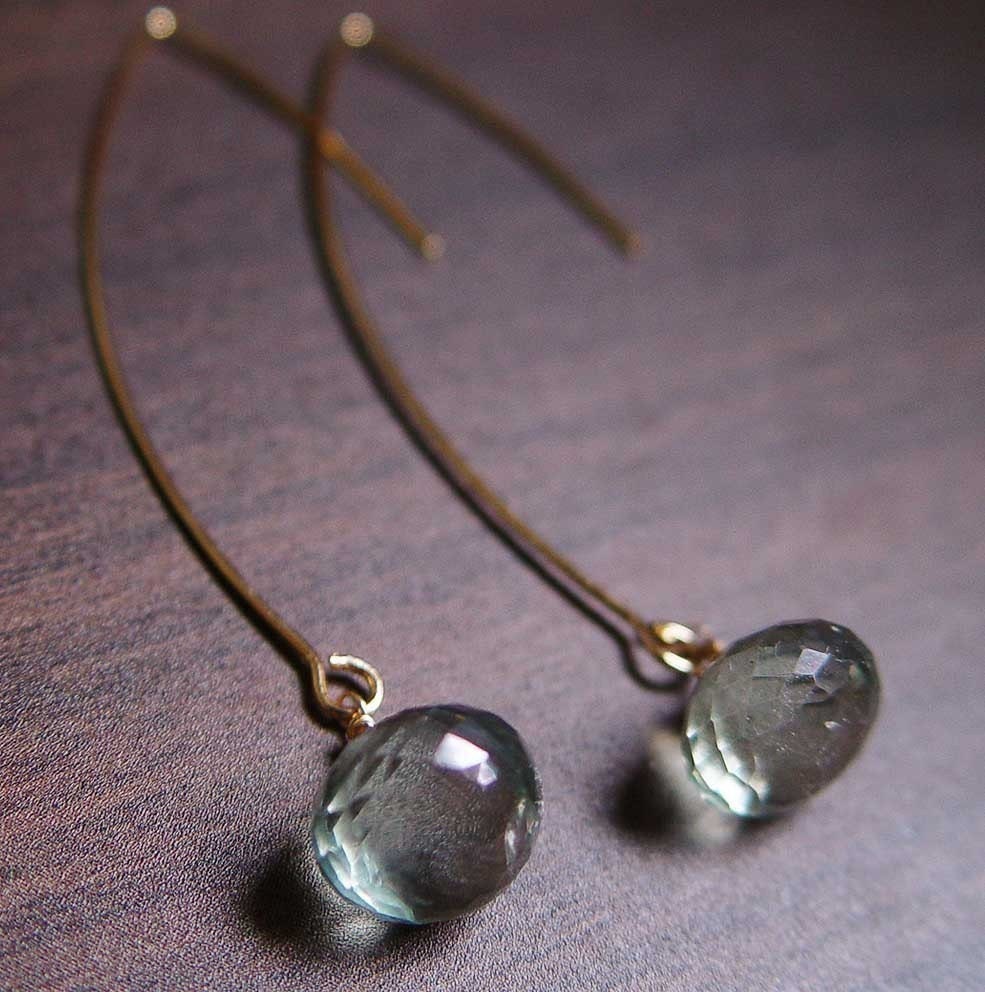 Teal Aquamarine 14k Gold Drop Earrings
