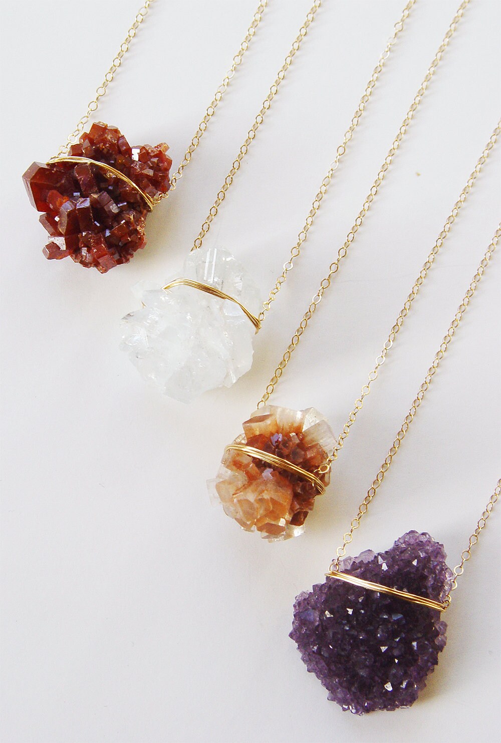 Raw Amethyst Crystal Gold Filled Statement Necklace: Aragonite, Vanilla Quartz - Boho Healing stone Fall Jewelry