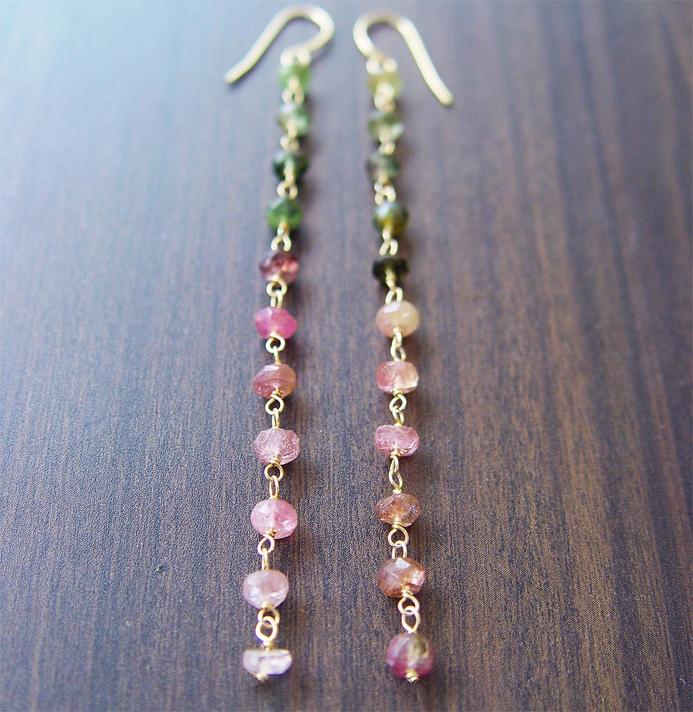 Watermelon Tourmaline Gold Chain Dangle Earrings
