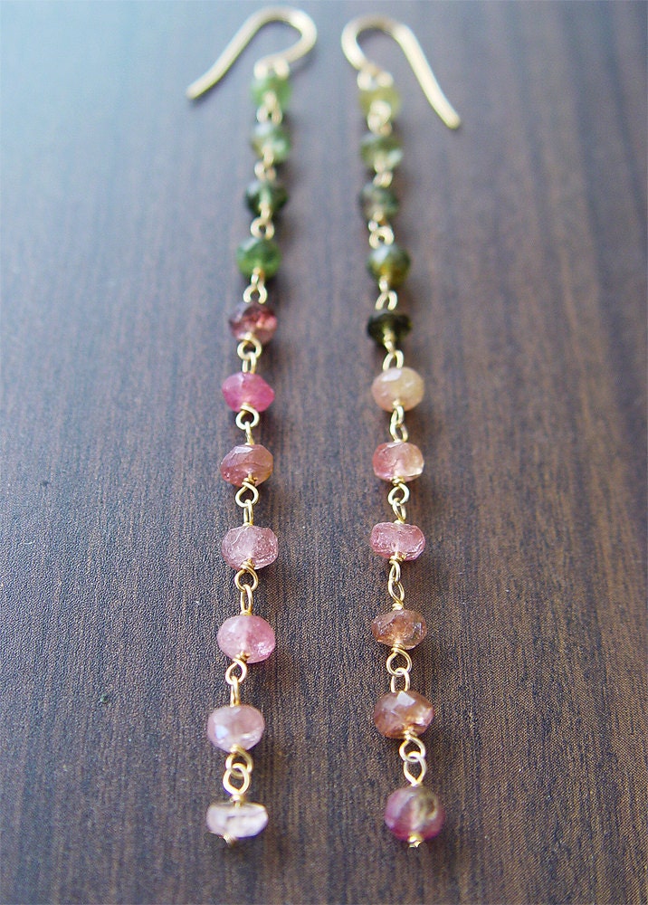 Watermelon Tourmaline Gold Chain Dangle Earrings
