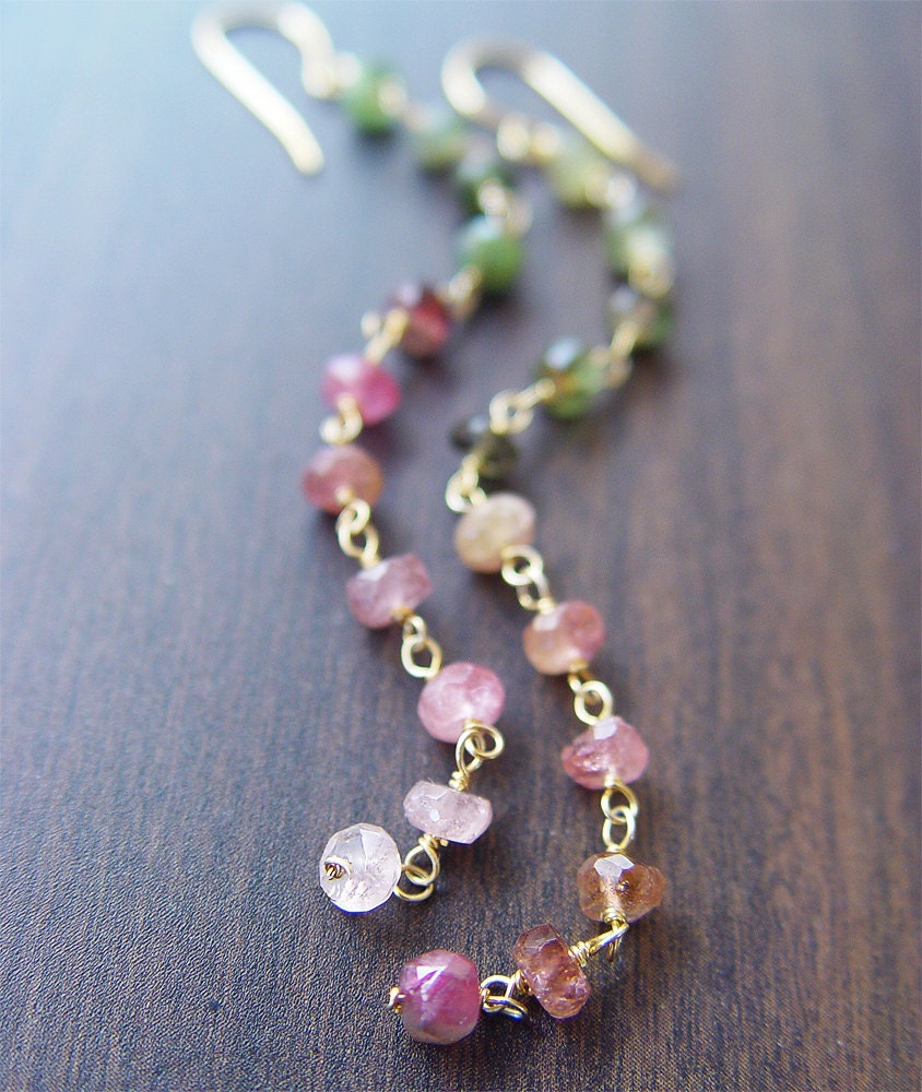 Watermelon Tourmaline Gold Chain Dangle Earrings