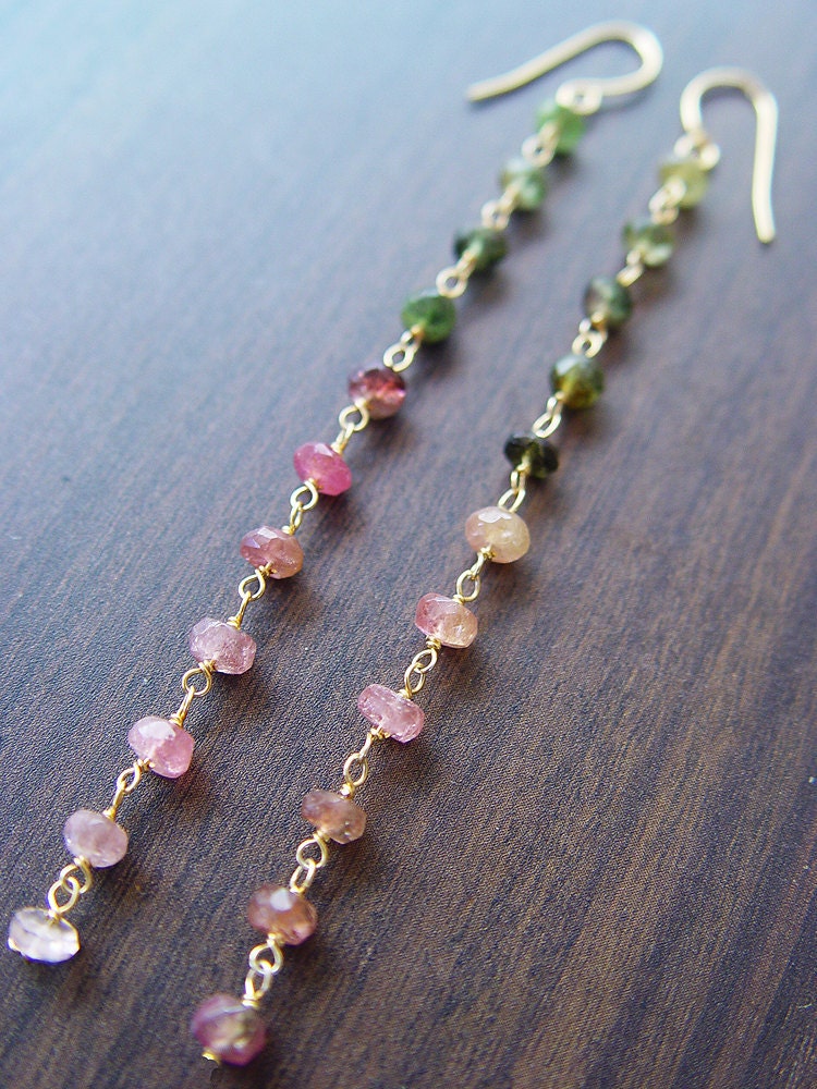 Watermelon Tourmaline Gold Chain Dangle Earrings