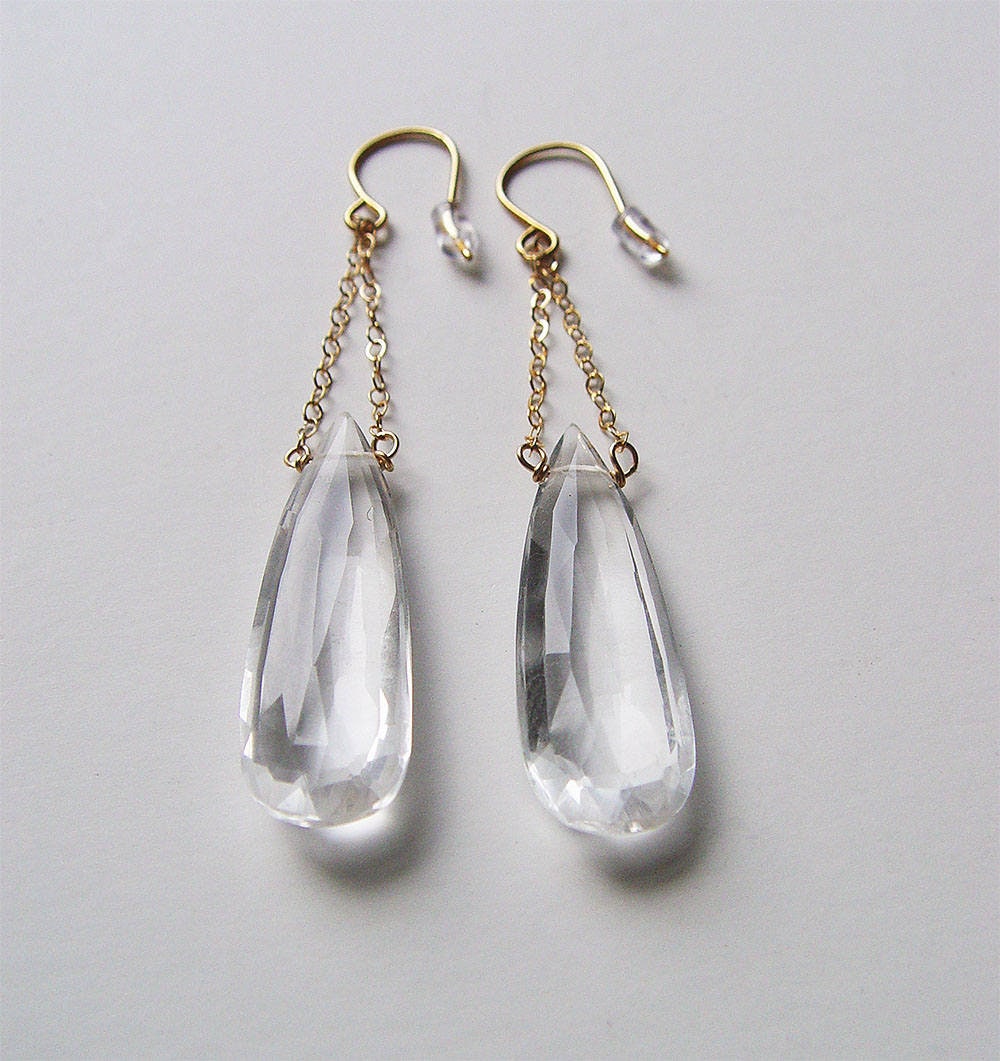 Clear Quartz Crystal Gold Chain Earrings