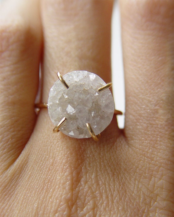 White Druzy Crystal Gold Ring