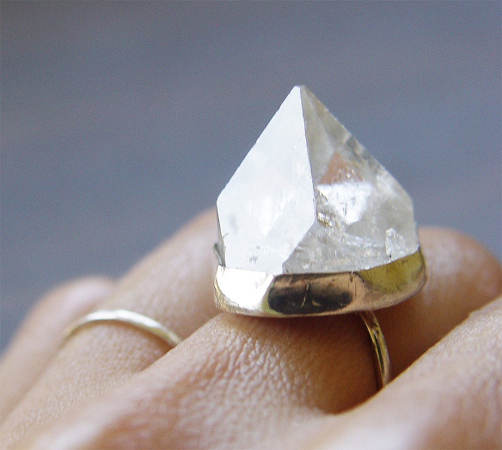 Raw Apophyllite Crystal Pyramid Ring: 14K Gold Fill Boho Sacred Geometry Jewelry