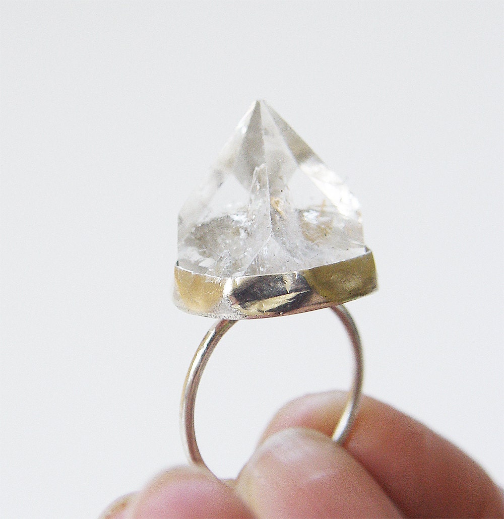 Raw Apophyllite Crystal Pyramid Ring: 14K Gold Fill Boho Sacred Geometry Jewelry