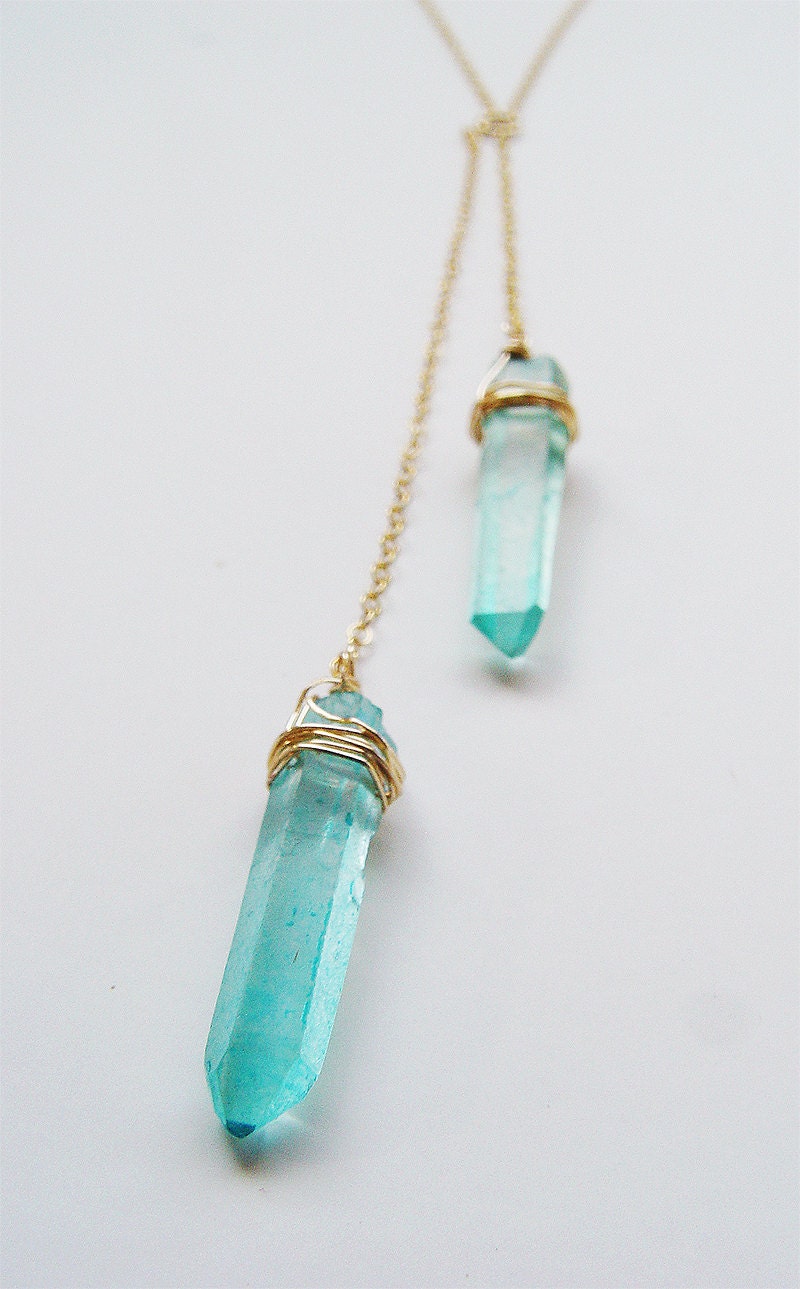 Aqua Aura Twin Crystal Necklace