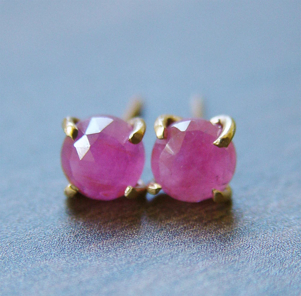 Pink Sapphire Gold Post Earrings – Natural Rose Cut Gemstones in 14K Gold Fill | Handmade Minimalist Fall Jewelry
