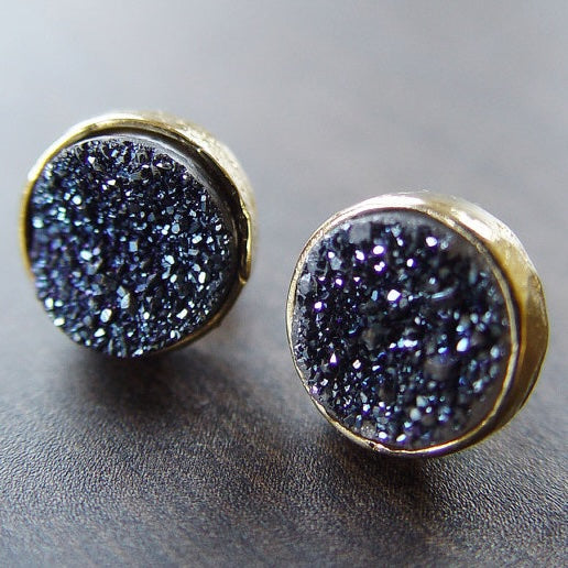 Navy Druzy Gold Filled Stud Earrings – Deep Blue Druzy Studs, Elegant Everyday Minimalist Luxury Jewelry