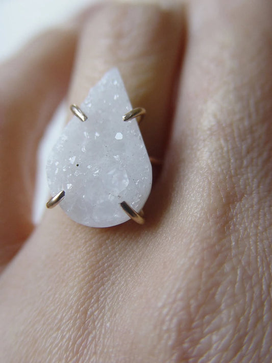 Vanilla Druzy Teardrop Statement Ring – 14K Gold Filled Raw Crystal Boho Jewelry