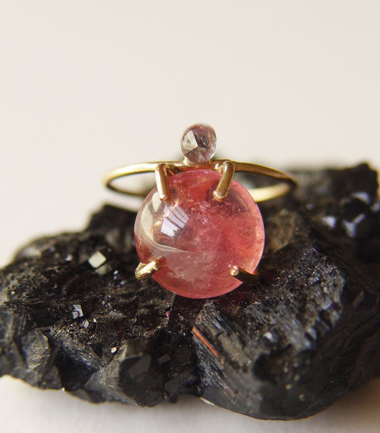 Pink Tourmaline & Topaz Gold Filled Ring - Adjustable Double Gemstone - Anniversary engagement Jewelry