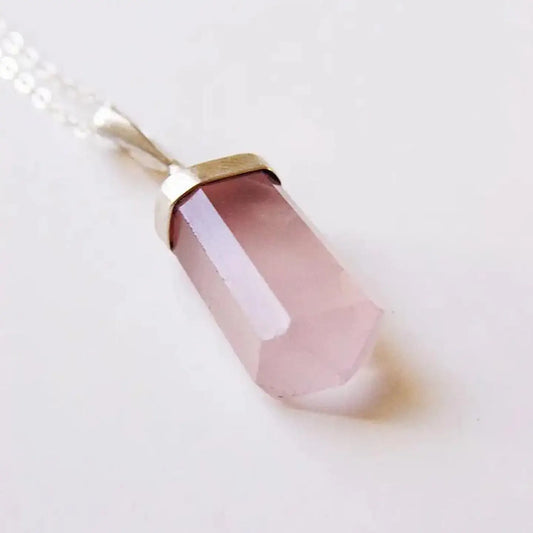 Pink Rose Quartz Crystal Silver Necklace