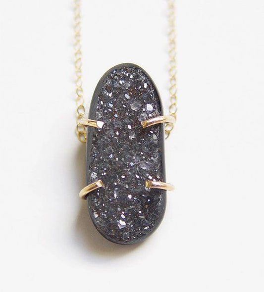 Black Druzy Crystal Gold Filled Necklace