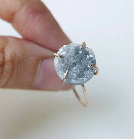 Gray druzy raw crystal 14k Gold Fill Ring