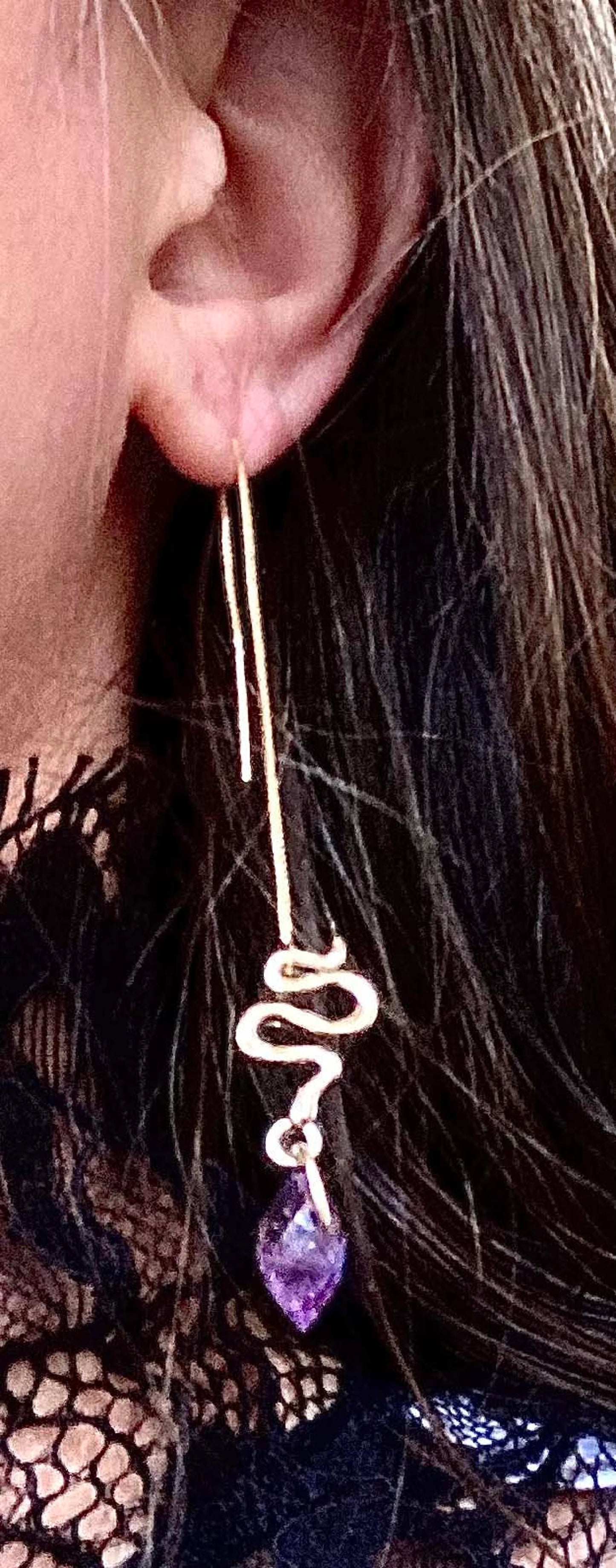 Purple Amethyst Snake Dangle Earrings – Gold‑Filled, Boho Serpent Fall Jewelry