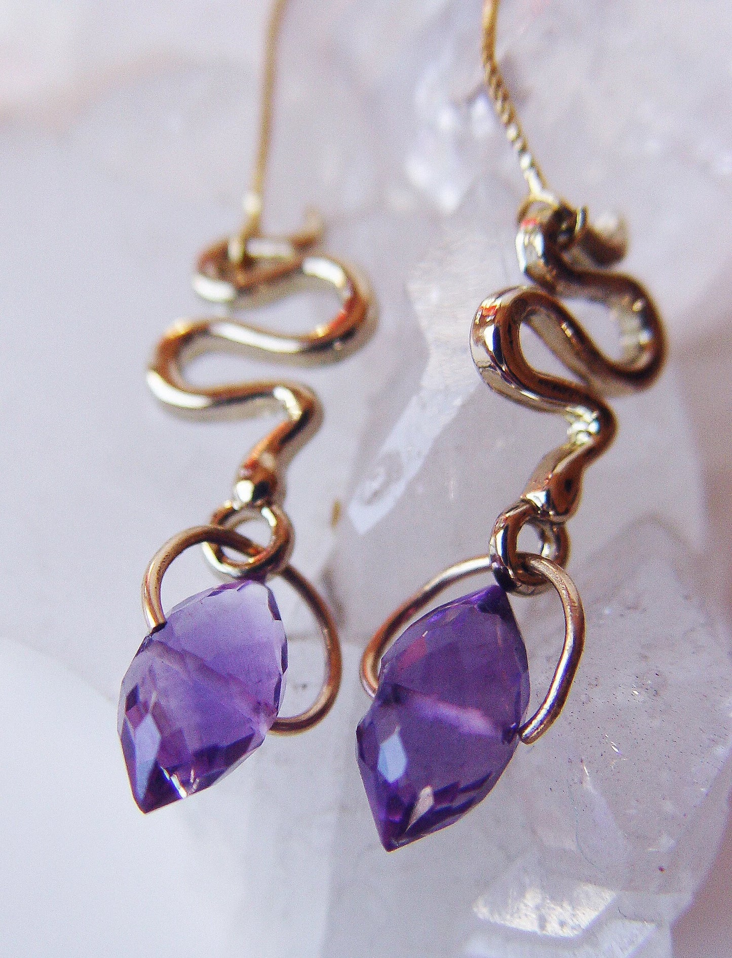 Purple Amethyst Snake Dangle Earrings – Gold‑Filled, Boho Serpent Fall Jewelry
