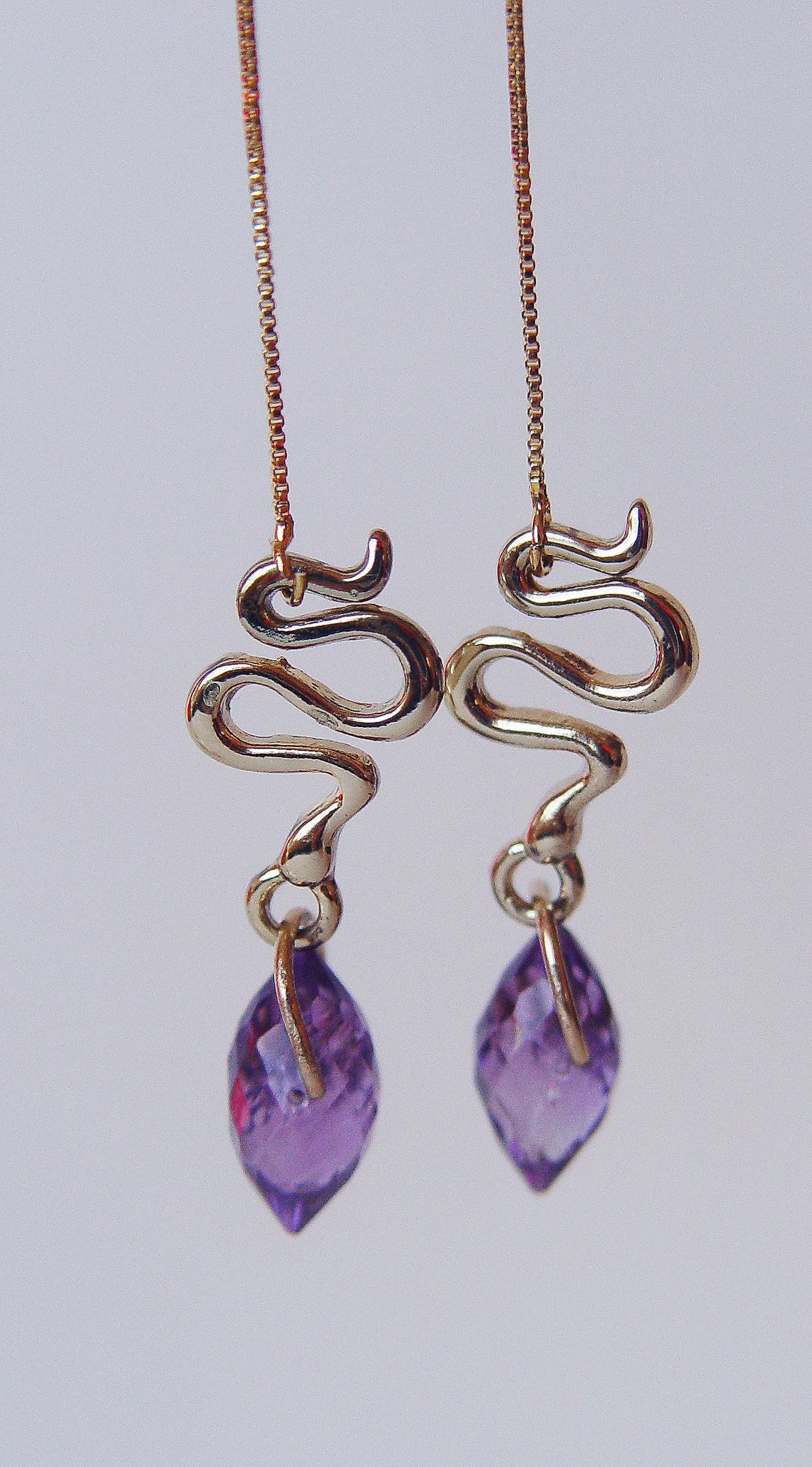 Purple Amethyst Snake Dangle Earrings – Gold‑Filled, Boho Serpent Fall Jewelry