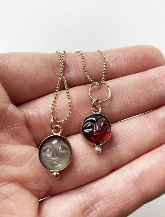 Red Garnet Moon Face Necklace: 14k Gold Filled Moonstone Celestial Pendant - Boho Fall Jewelry