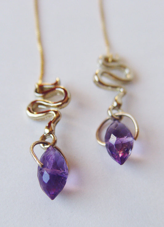 Purple Amethyst Snake Dangle Earrings – Gold‑Filled, Boho Serpent Fall Jewelry