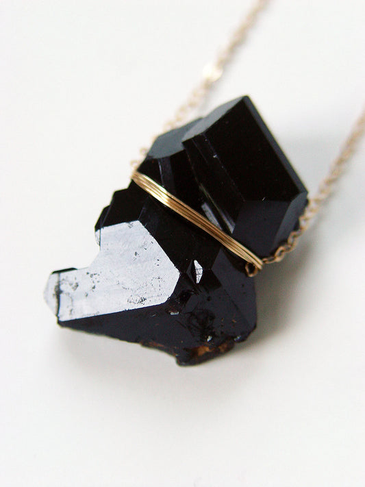 Black Tourmaline Twin Crystal Gold Filled Necklace