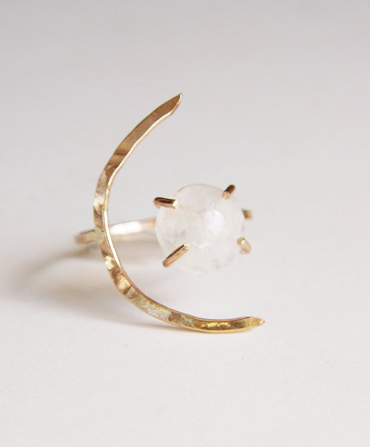 Rainbow Moonstone Crescent Moon Ring: 14k Gold Filled Celestial Engagement Jewelry