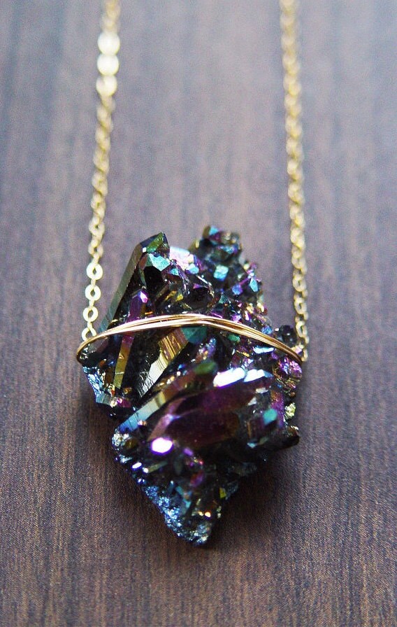 Titanium Rainbow Aura Crystal Gold Necklace