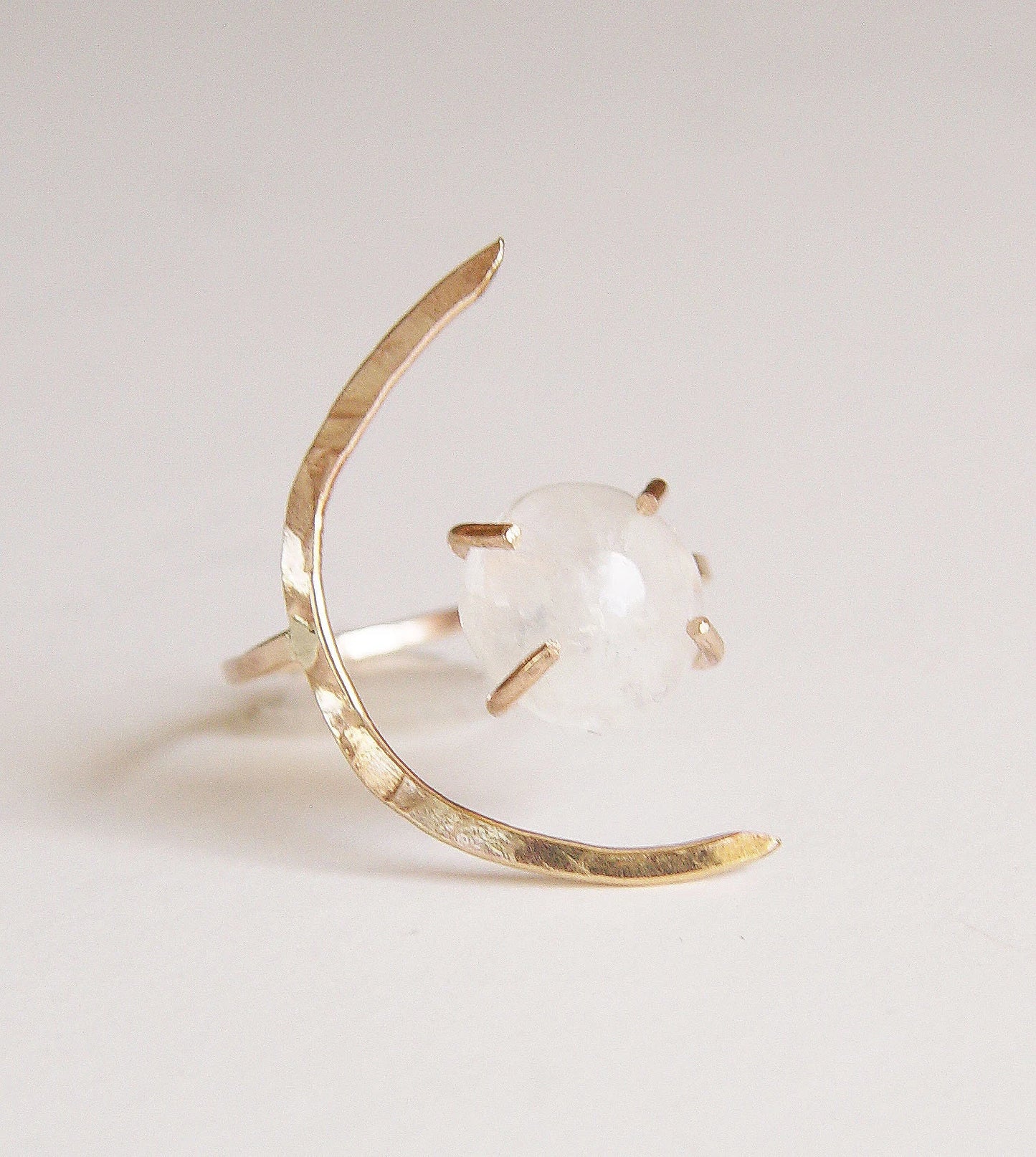 Rainbow Moonstone Crescent Moon Ring: 14k Gold Filled Celestial Engagement Jewelry