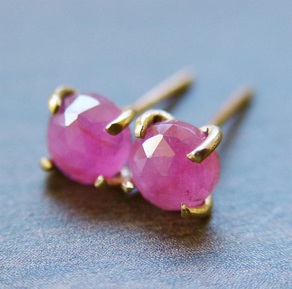 Pink Sapphire Gold Post Earrings – Natural Rose Cut Gemstones in 14K Gold Fill | Handmade Minimalist Fall Jewelry