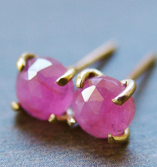 Pink Sapphire Gold Post Earrings – Natural Rose Cut Gemstones in 14K Gold Fill | Handmade Minimalist Fall Jewelry