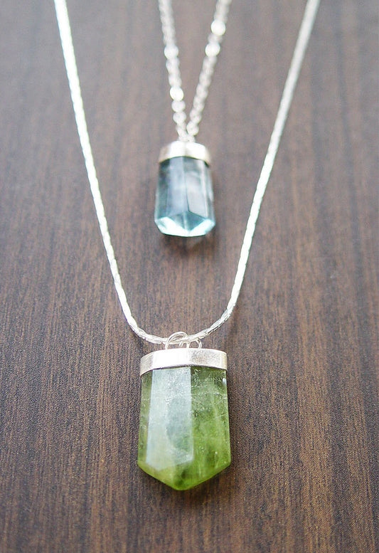 August Birthstone Peridot Point Silver Necklace - Aquamarine crystal point Necklace
